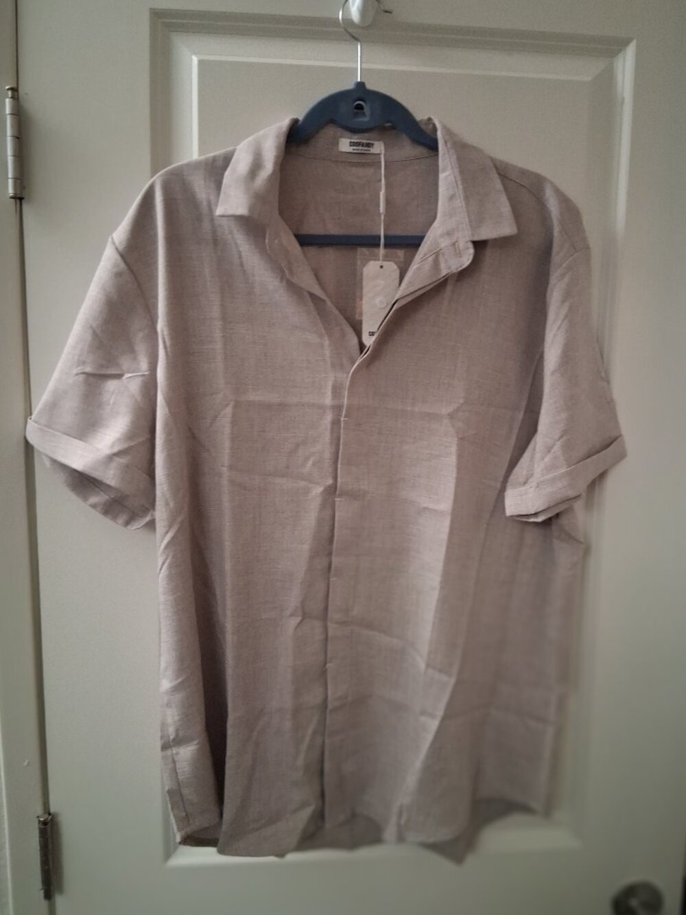 Coofandy Men's Linen Blend Short Sleeve Button Down Shirt SZ L NWT Beige
